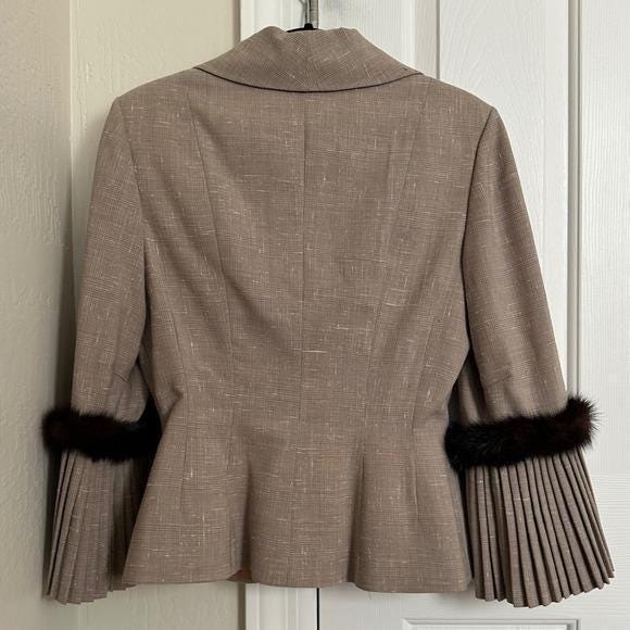 Vintage 50s/60s Lilli Ann Skirt Suit | Mink Fur Trim Pleated Sleeves Taupe Wool - Picture 6 of 16